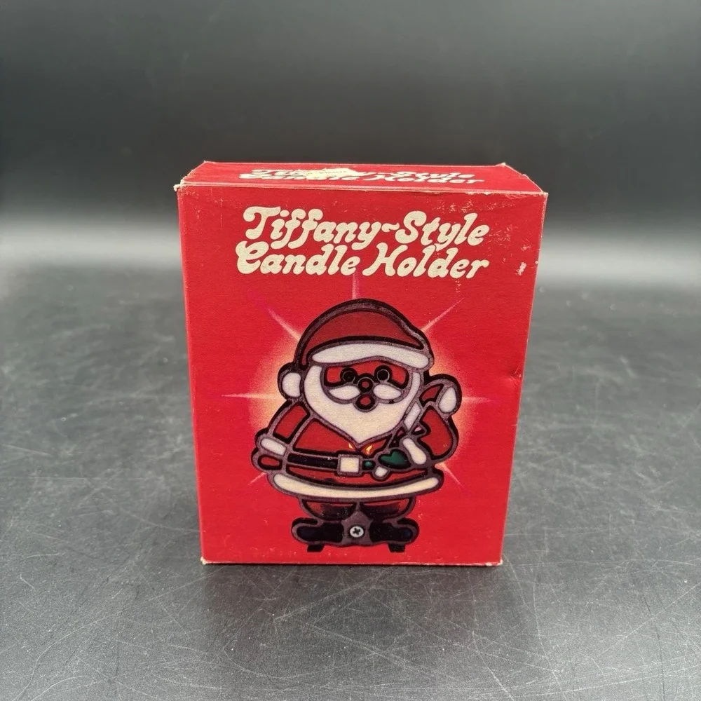 Vtg Tiffany-Style Glo Candle Smile Santa Claus Christmas Tealight Candle Holder